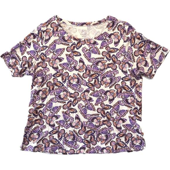 J.Jill Pima Slub Scoop Neck Side Slit Tee Women's Sz XL Purple Pink Butterflies - Picture 2 of 12